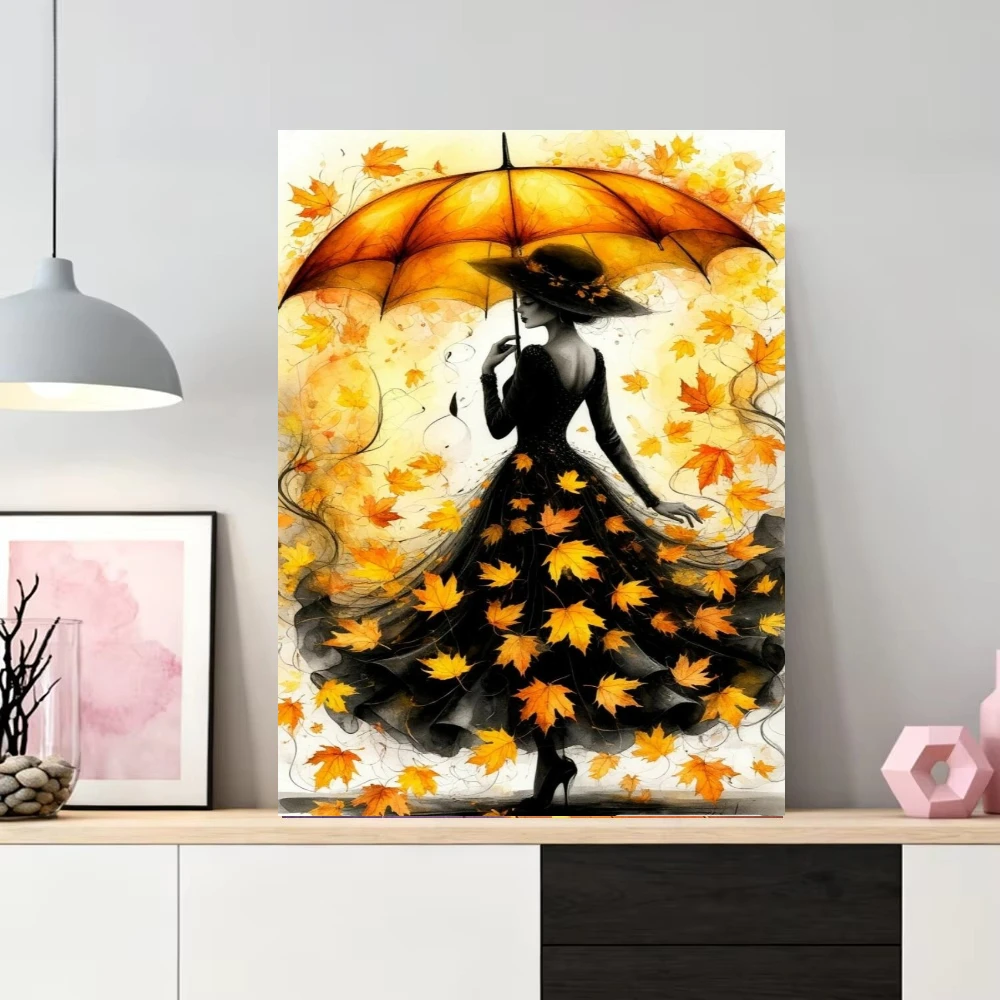 Elegant Woman Umbrella Autumn Leaves Oil Painting By Numbers Modern Wall Decor for Living Room Bedroom Gift No Frame