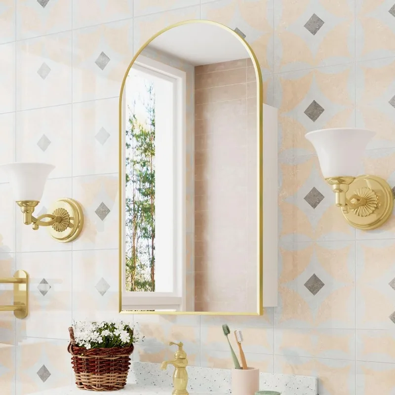 

Arched Medicine Cabinet with Mirror,Gold Large Medicine Cabinet for Bathroom,Metal Edge Mirror Cabinet with Storage,
