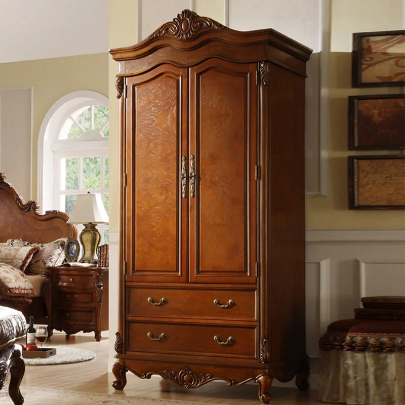 Factory Customize American Style Two Doors Wooden Wardrobe Bedroom Storage Cabinet with Drawers Solid Wood Hotel Furniture