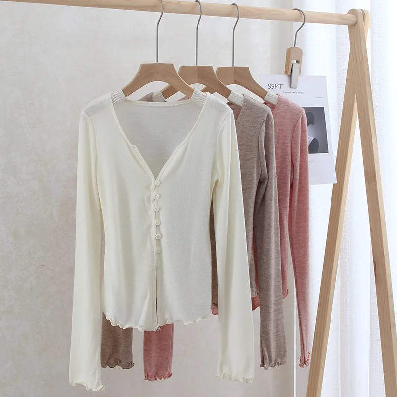 New Women's Knitted Long Sleeve V-Neck Slim Fit Ant Waist Top Pink Sweet Style Cardigan Ultra Thin Single Piece Autumn Wear