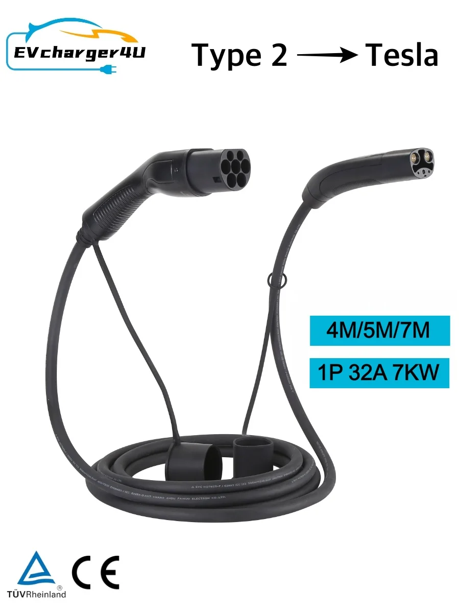 EV-oplader4U Type 2 naar Tesla EV-laadkabel 4M/7M 1-fase 32A 7KW IEC62196 Type 2 NACS-kabel voor Amerikaanse Model 3 X S Y - afbeelding 2
