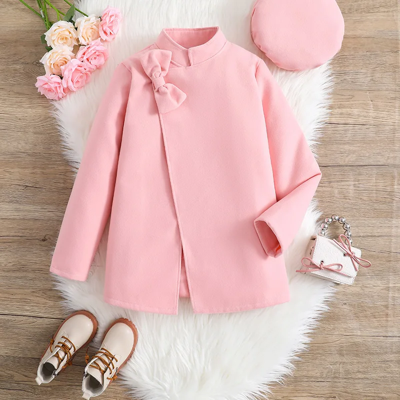 

2023 New Arrivals Spring Autumn Children Long Sleeve O Neck Bow Pink Child Girls Clothes Sweater Overcoat 5-8T