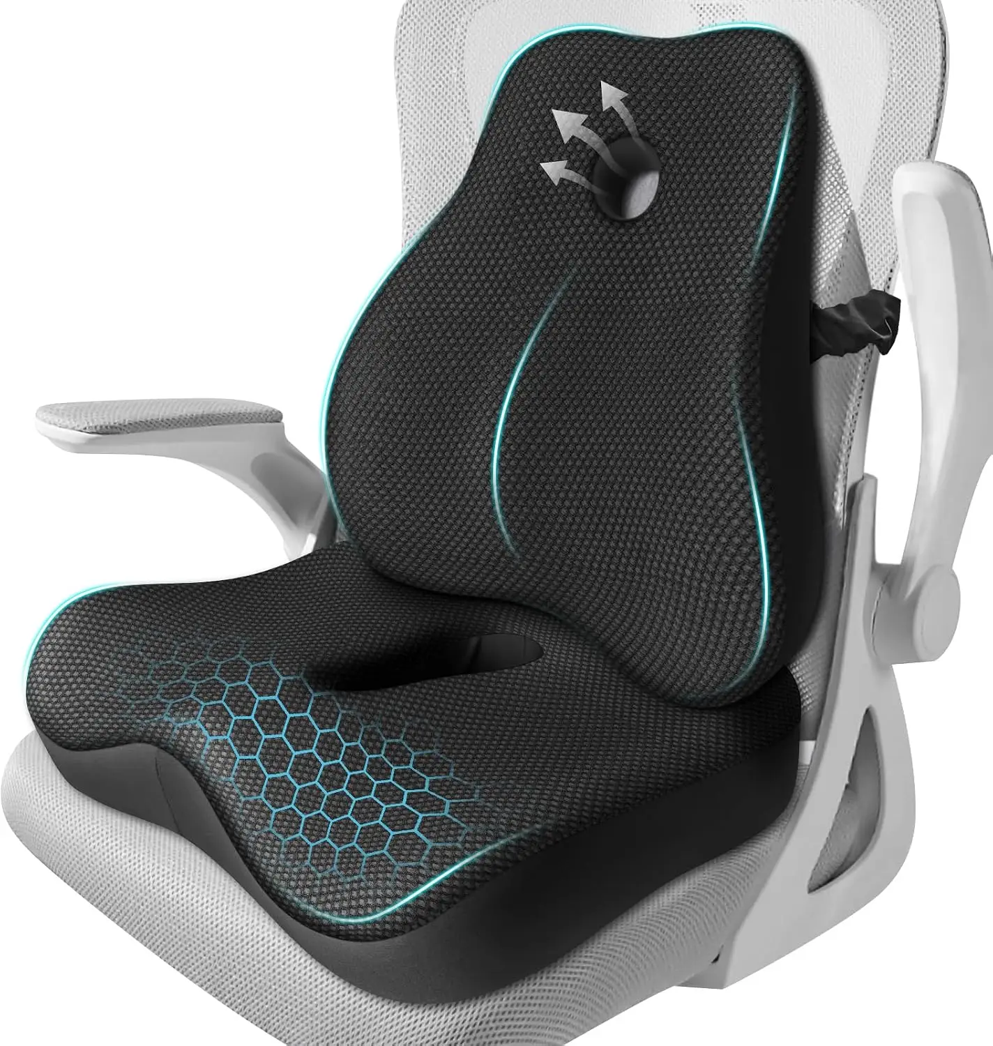 Ergonomic Memory Foam Seat Cushion & Lumbar Pillow Set, Cooling Mesh Cover, Non-Slip Base, Adjustable Straps for Office, Gaming, Car Chair