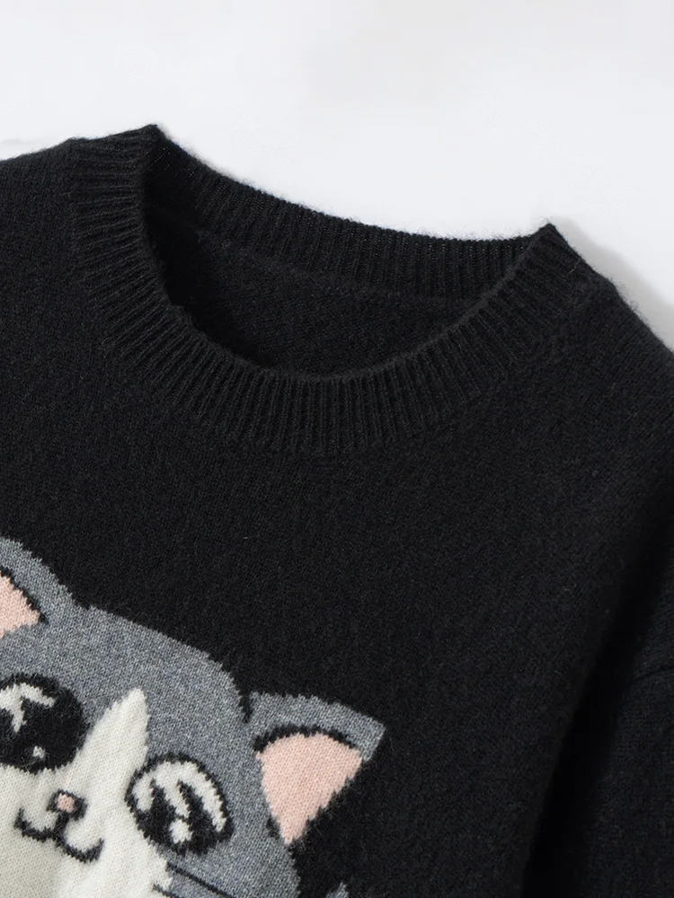 TLOML Women's 100% Cashmere Sweater O-neck Hand Embroidered Cartoon Cat Pullover Autumn Winter Soft Thick Cashmere Knitwear Tops