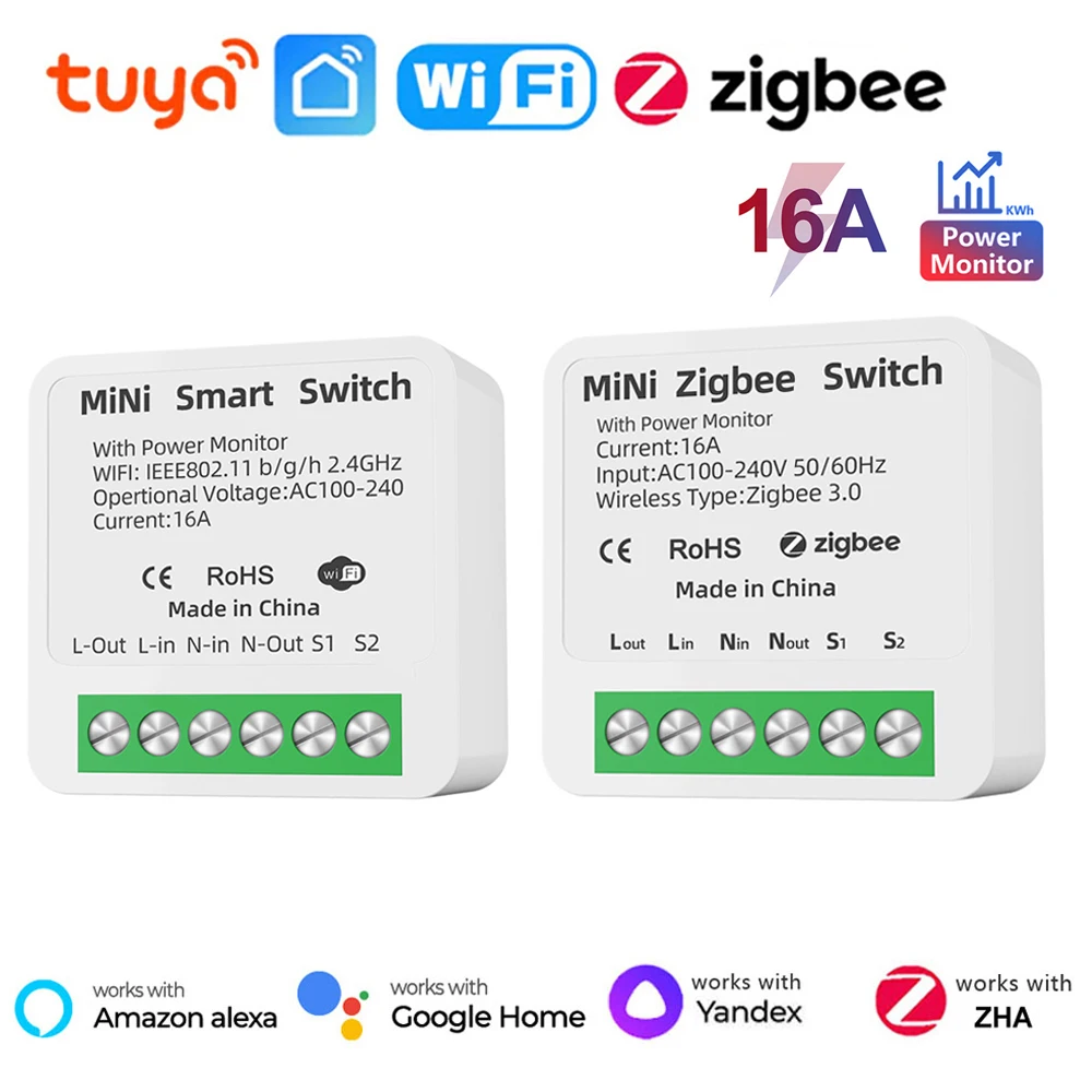 16A Tuya WiFi Zigbee Smart Switch 2-way Control with Energy Monitor Mini Smart Breaker Smart Life Control Via Alexa Google Home