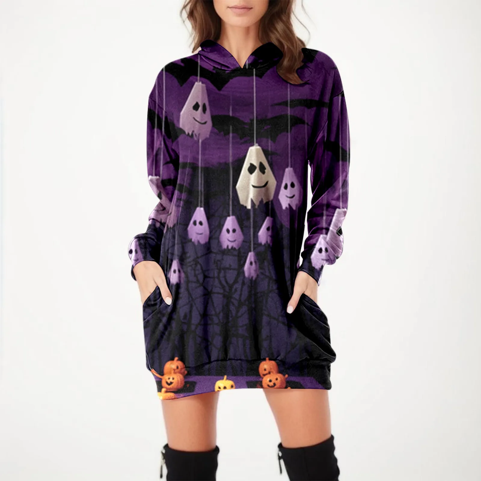 

Fleece Tops Women Women Halloween Print Loose Long Sleeve Pocket Hooded Sweater Women Yoga Hoodie