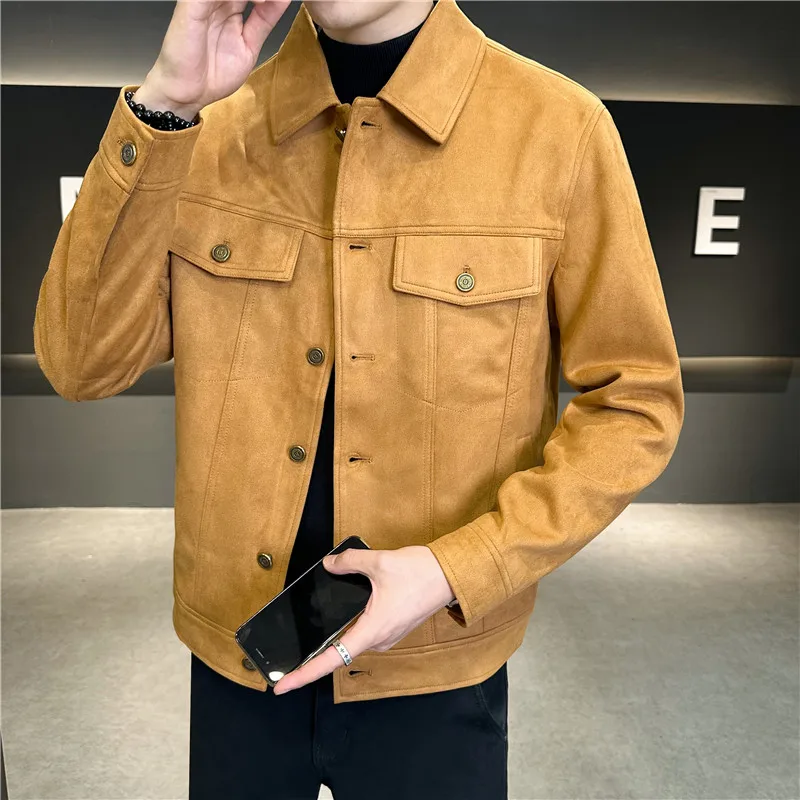 High-Grade Deerskin Velvet Padded Jacket,  Men's Lapel Short Solid Color Coat Brown M308