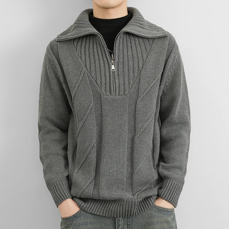 

High Quality Autumn Knitted Sweater Men Half Zip Long Sleeved Knitted Pullover Sweaters Lapel Casual Social Streetwear Knitwear