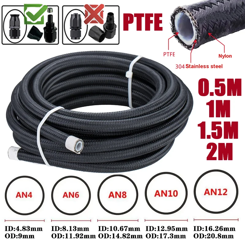 0.5M/1M/1.5M/2M 3AN 4AN 6AN 8AN 10AN PTFE E85 Fuel Hose Oil Gas Cooler Line Turbo Pipe Brake Tube Nylon Stainless Steel Braided