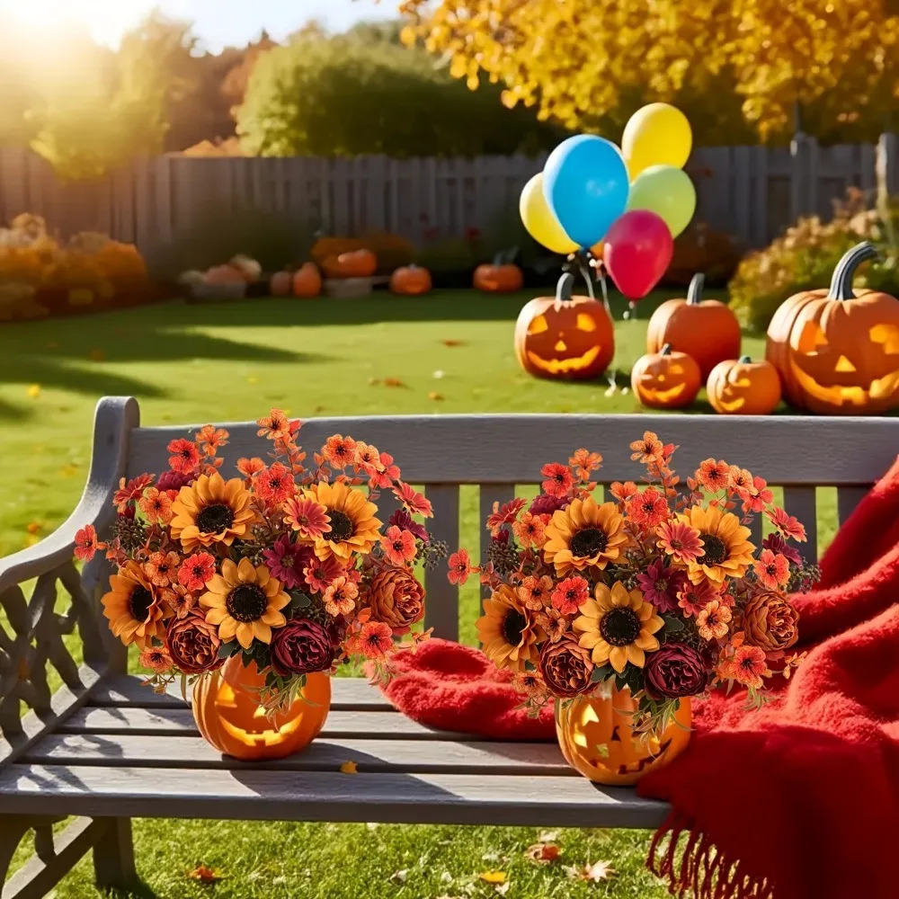 35 cm Künstlicher Seidenblumenstrauß, Sonnenblume, Gänseblümchen, Kunstblumen-Arrangement für Thanksgiving-Dekoration, Herbstdekoration für Zuhause und Hochzeit im Freien – Detail 9