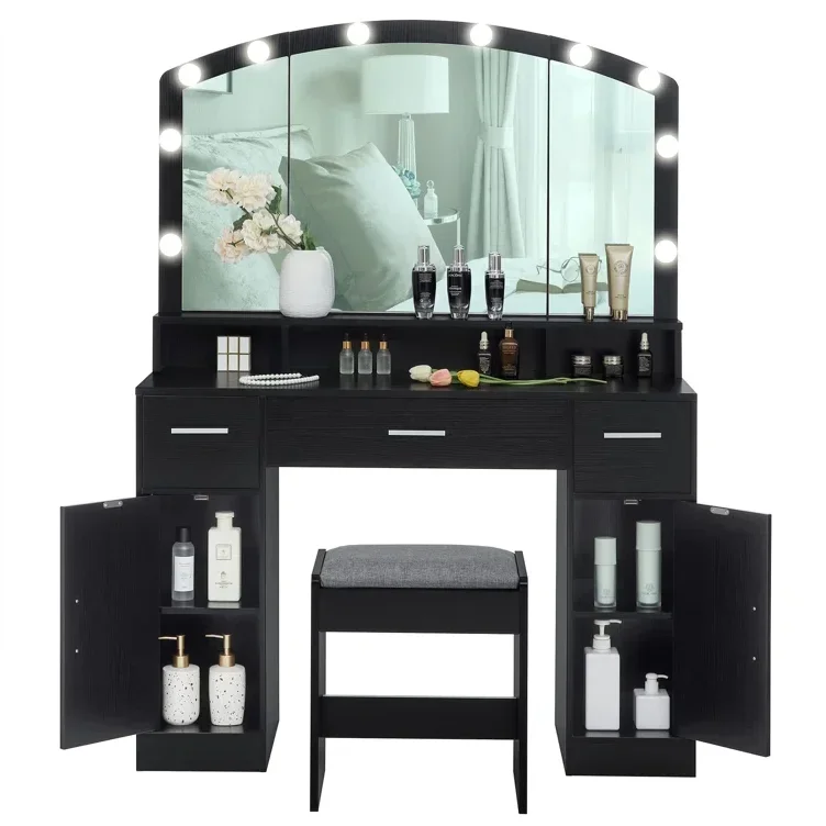 Spacio Storage Bedroom Vanity Table Dressing Vanity Cabinet Light Bulbs and Big Mirror Dressing Table Make up Table