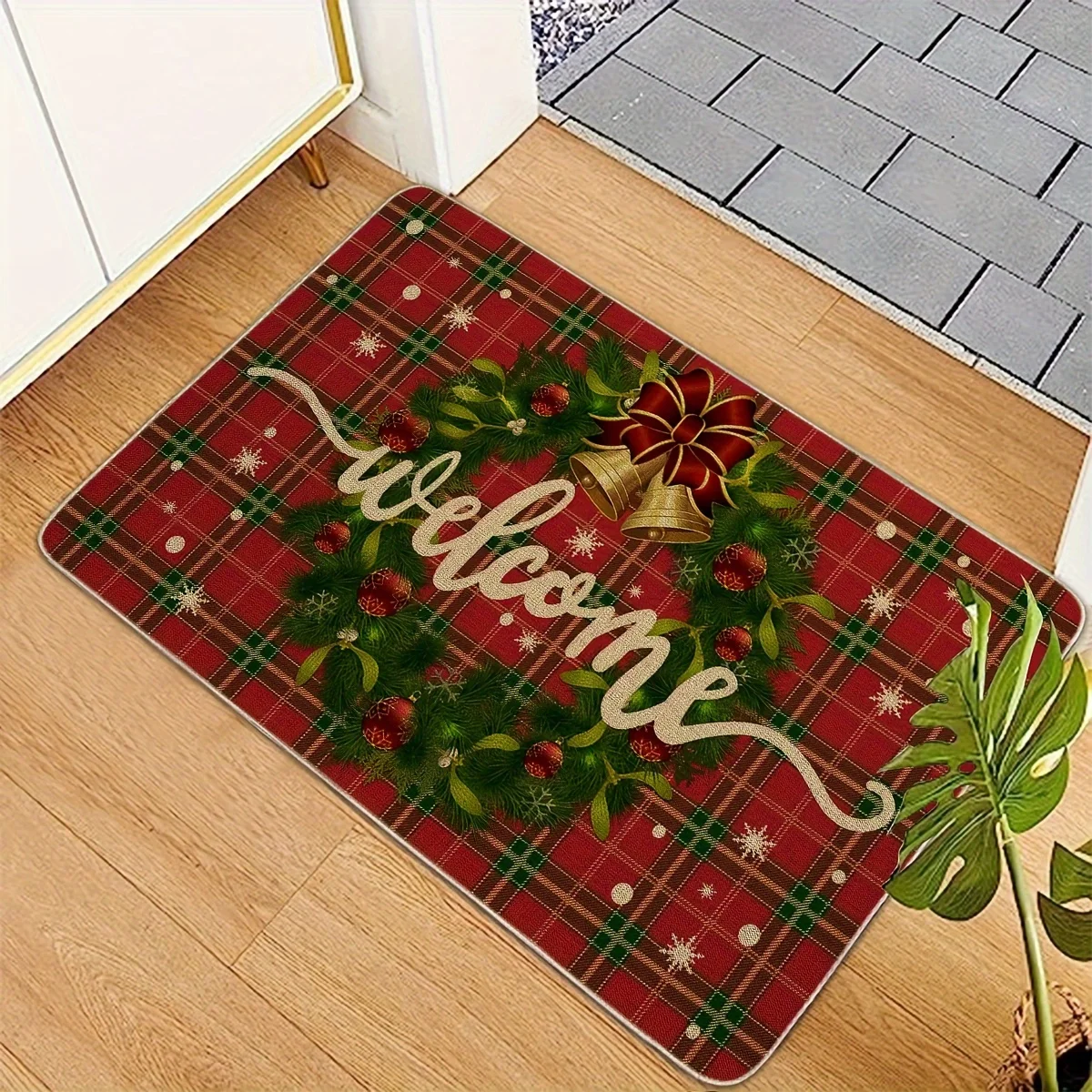 VIKAMA Christmas Wreath Bells Checkered Entry Door Mat Entrance Doorway Non Slip Dust Holiday Decorative Household Carpet