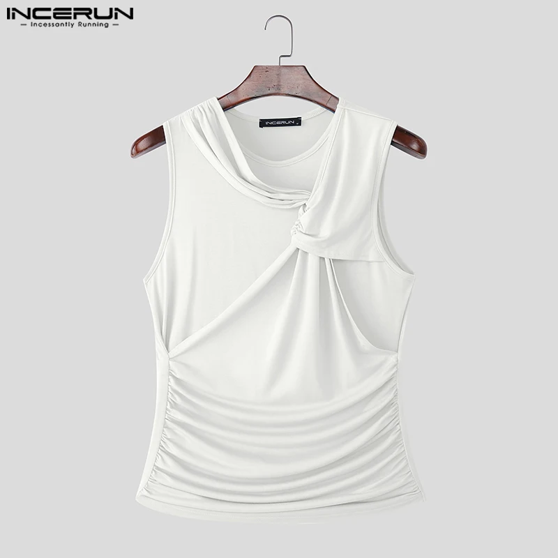 INCERUN Men Tank Tops Solid Color O-neck Sleeveless Casual Male Vests Streetwear Pleated Fashion Summer Men Clothing Tops S-5XL