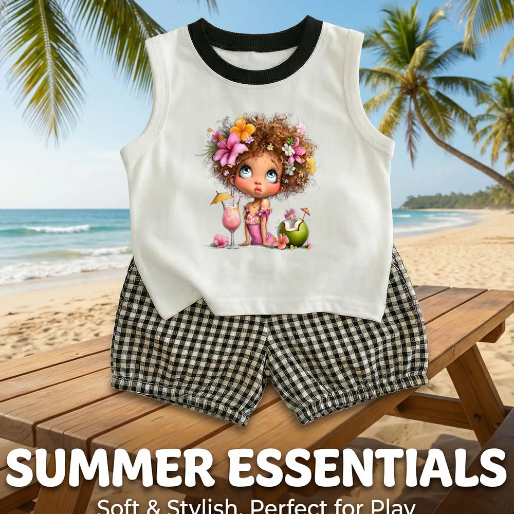 Sommerliches, süßes Mädchen-Westen- und Shorts-Set, zweiteiliges Set, modisches, kariertes Shorts-Set für Kinder, neuer Stil, lässiges ärmelloses Oberteil-Set für Kinder