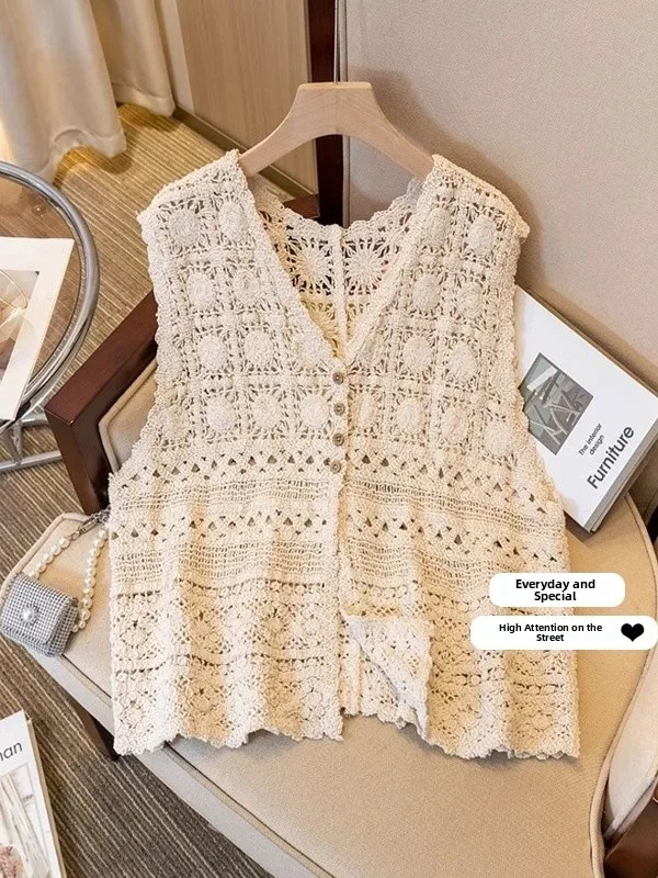 

V-Neck Knitted Hollow out Sweater Vest Women's plus Size Summer Top Layered Short Style Korean Loose Fit Single Button