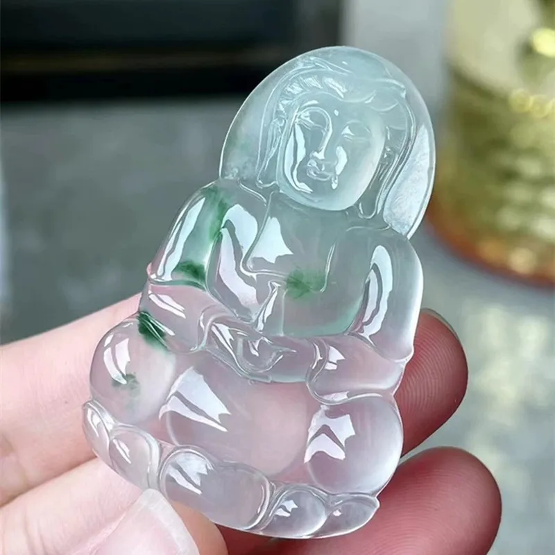 Ice Flower Pattern Guanyin Translucent Jadeite Buddha Pendant Necklace