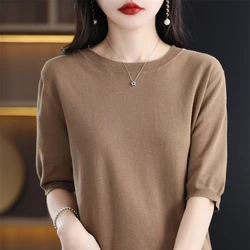 Spring and Autumn New 100% Cotton Half Sleeve Sweater Ladies Round Neck Short Sleeve T-shirt Joker Knitted Tops