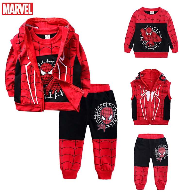 Marvel Spiderman nadruk kreskówkowy 3 sztuk/zestaw kostium jesień dzieci chłopcy kamizelka bez rękawów z kapturem t-shirt spodnie dres stroje dziecięce