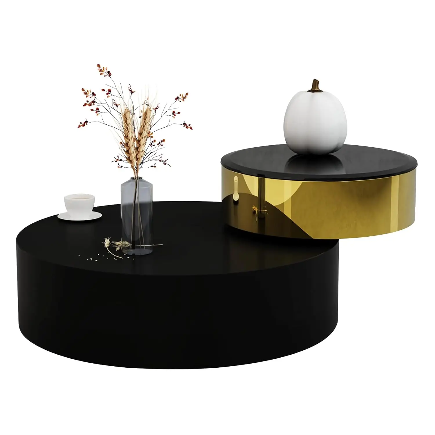 

Круглый вращающийся журнальный столик 41 дюйм с поворотом на 360 градусов ° Поворотный столик с 2-уровневой конструкцией, матовый черный и золотой металлический декор, на заказ