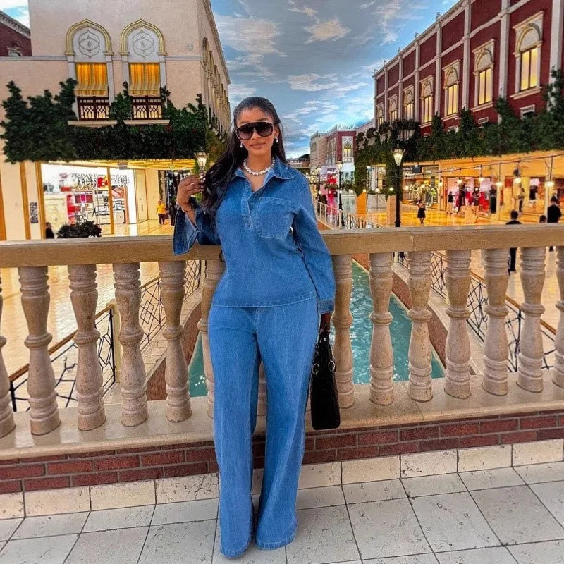 

Denim Pant Set Women Two Piece Sets Matching Sets Streetwear Casual Loose Shirt Wide Leg Long Pants High Waist Y2k Mom Jeans