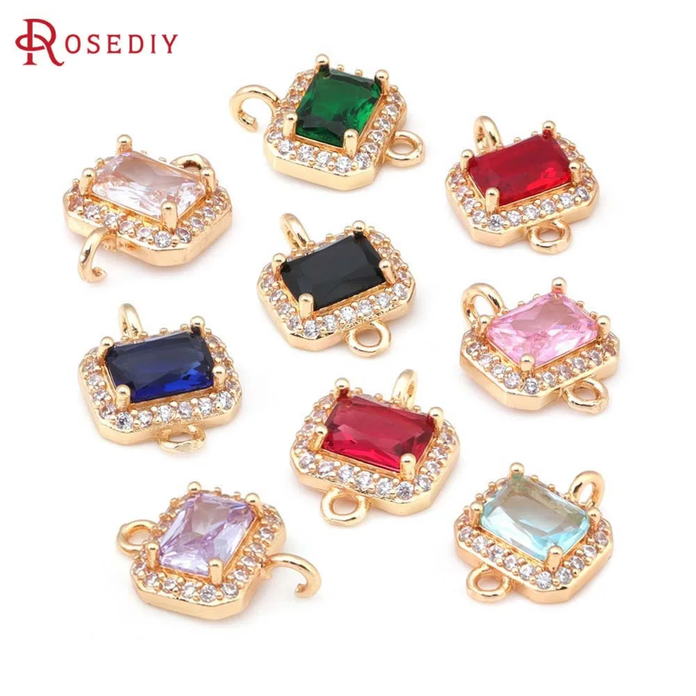 4PCS 10.5x8.5MM High Quality Champagne Gold Color Brass Zircon Glass 2 Holes Rectangle Connect Charms Pendants Jewelry Findings