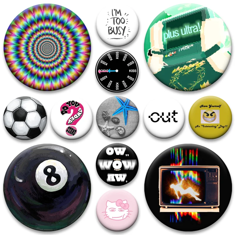 Cute Round Button Pins Funny DIY Creative Text Out Brooches for Bag Decor Gift Billiards Black 8, Soccer Ball,car Oil Dial Badge