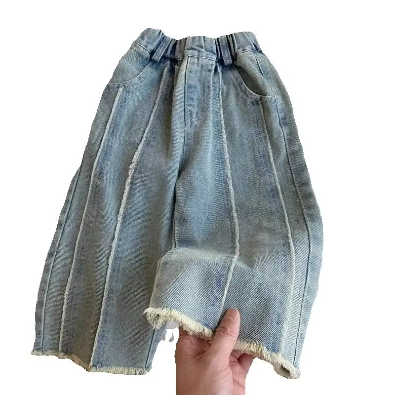 Girls Straight Leg Jeans Fashionable Frayed Hem Spring Autumn New Style Children's Wide Leg Pants