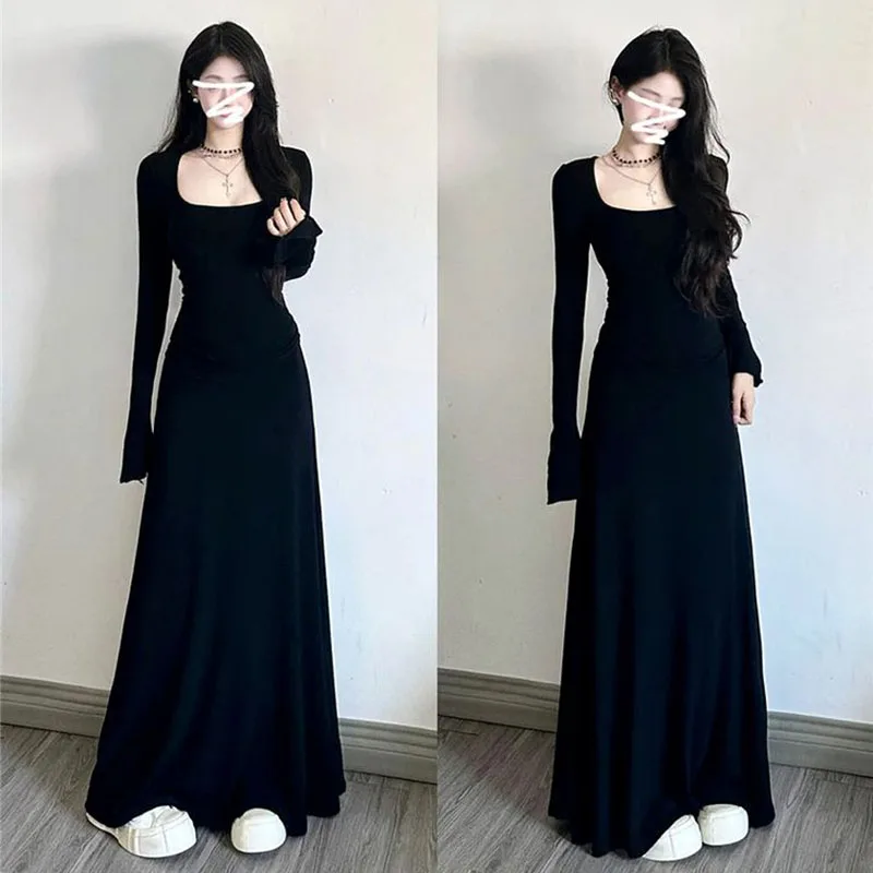 Black Long Sleeve Dress Women Spring 2025 New Slimming Temperament Maxi Dresses Woman Korean Fashion High Street Long Dress