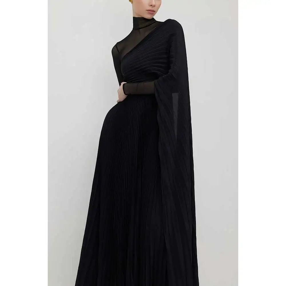 YUMDAI Gothic Black Tulle Blouse A Line Evening Gown 2024 Women\'s Special Occasion Formal Party Long Sleeve Pleated Midi Skirt