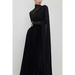 YUMDAI Gothic Black Tulle Blouse A Line Evening Gown 2024 Women's Special Occasion Formal Party Long Sleeve Pleated Midi Skirt