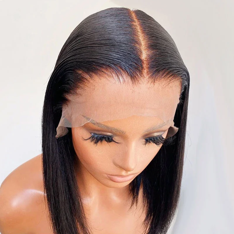 Perruque Bob Lace Front Wig synthétique sans colle, perruque lisse soyeuse, cheveux de bébé, densité 180, noir naturel, 18 po, pre-plucked, degré de chaleur, femmes