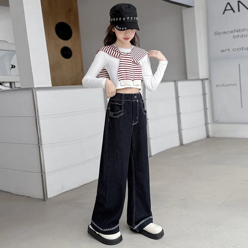 بنطال جينز بناتي بلون سادة لخريف 2025 جديد عصري فضفاض مستقيم الساق واسع الساق من قماش الدنيم للأطفال بعمر 4-14 سنة للأطفال الكبار