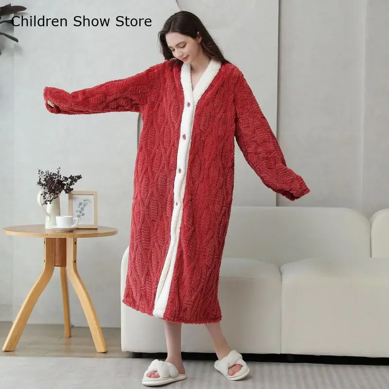 Sleepwear Winter Warm Kimono Nightgown Lady Thicken Fleece Jacquard Home Clothes Long Button Down Loungewear Peignoire Robe