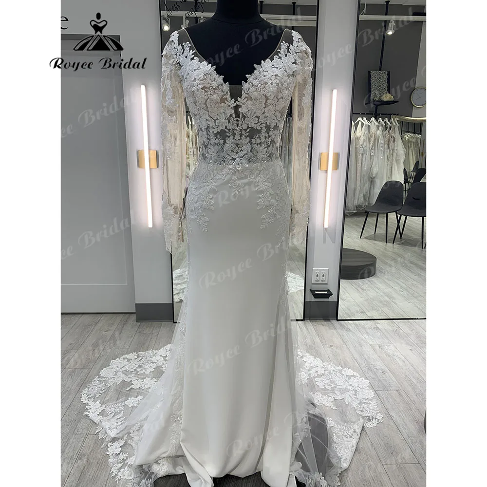 Robe de mariée sirène à manches longues avec appliques en dentelle pour femmes, col en V, corsage non doublé, robe de luxe pour patients, 2024