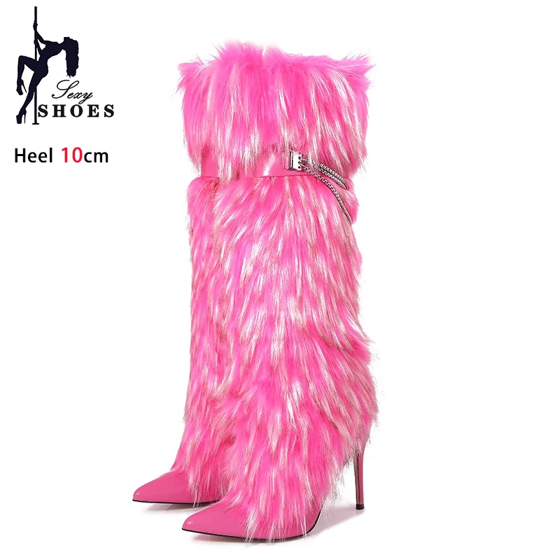 Fashion Fluffy Fur Knee Length Boots Elegant Female Party Shoes 6CM 10CM Stiletto Heels Winter Women Shoes Pointy Toe Long Boots