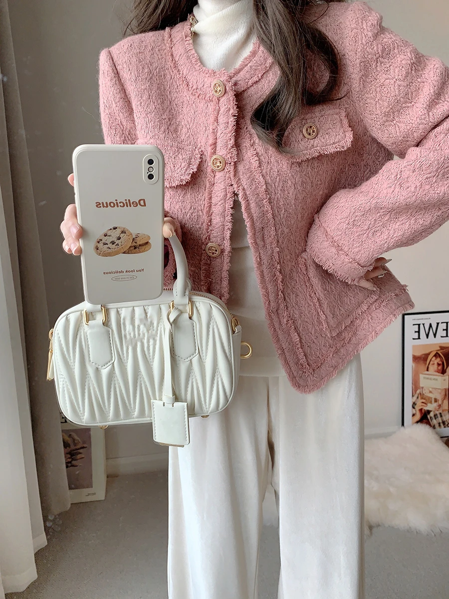 New High End Pink Tweed Jacket Women Small Fragrance Autumn Winter Long Sleeve Tassel Korean Fashion Coat Elegant Outwear Tops