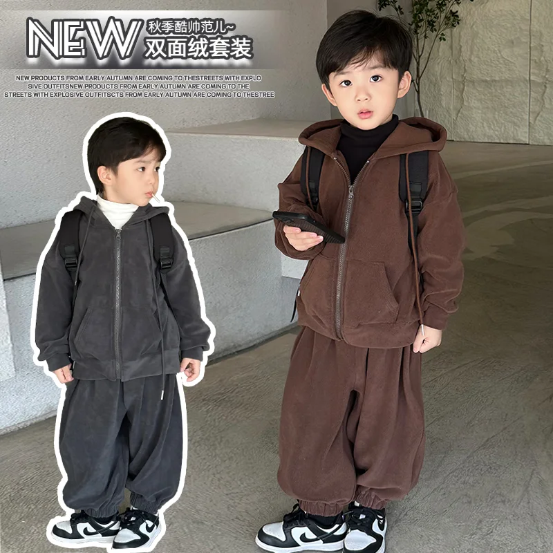 

Baby Boys Children Plus Velvet Suits Sportwear Autumn Winter Kids Fashion casual Outdoor Hoode Jacket Top+Pants Child 2Pcs Sets