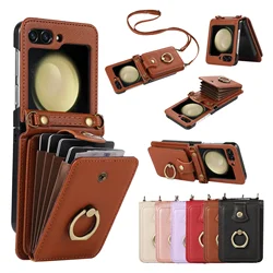 Crossbody Leather Cards Solt Wallet Bag Case For Samsung Galaxy Z Flip 7 6 5 4 5G Flip5 Finger Ring Holder Lanyard Pocket Cover