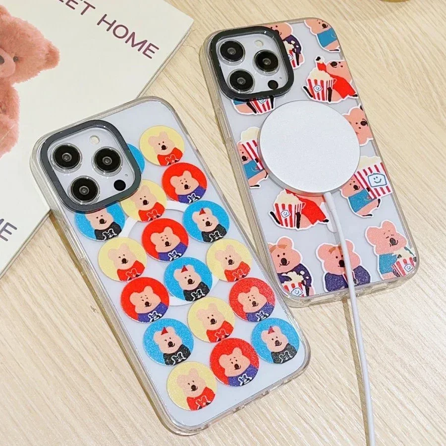 MagSafe Transparent Border Cartoon Bear Phone Case Cover for IPhone 11 12 13 14 15 16 Pro Max Case for IPhone 16 Pro Max