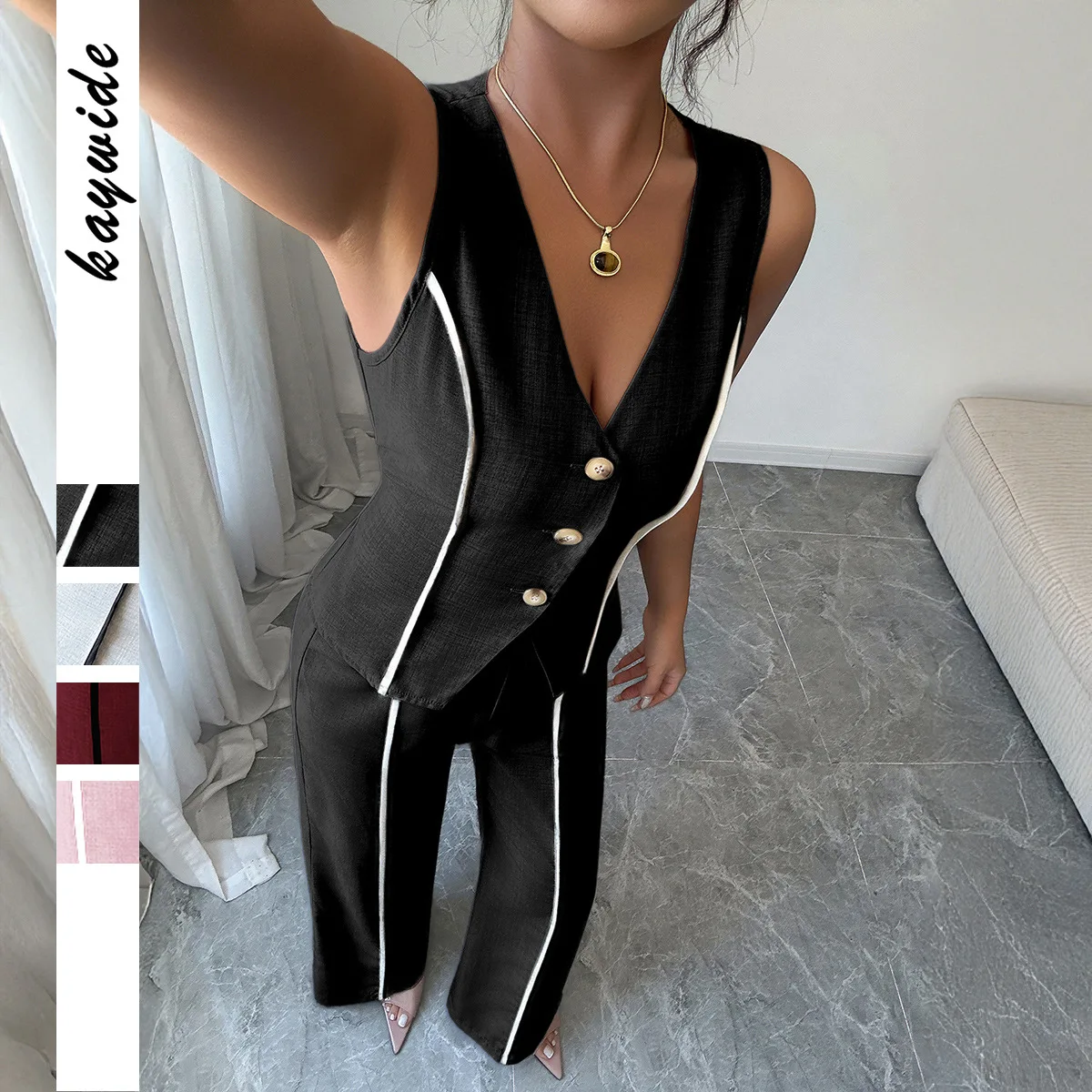 

Elegant V-neck High-waisted Color-block Sleeveless Women's Suit For Spring/summer 2026 Dress Elegant Lace Maxi Beach