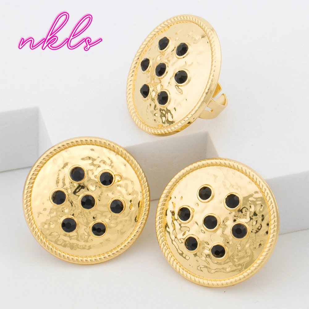 Dubai Round Design Luxury Gold Color Jewelry Set for Women African Fashion Bangle Earrings Necklace Ring Set Wedding Party Gift
