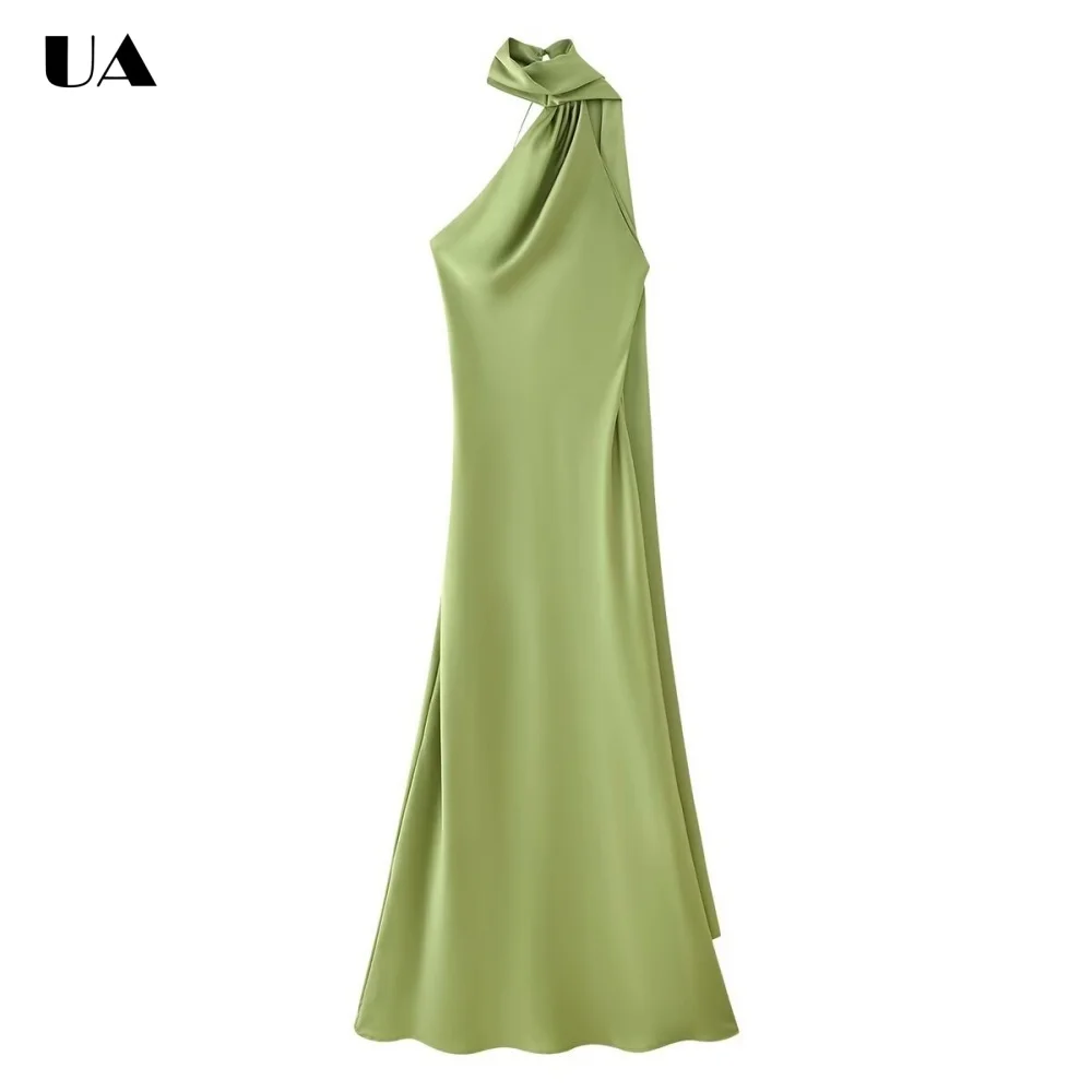 

Trendy A-line Scarf Neck Draped Maxi Dress, Elegant Sleeveless Prom Dress for Woman, Fashionable Solid Cocktail Party Dress