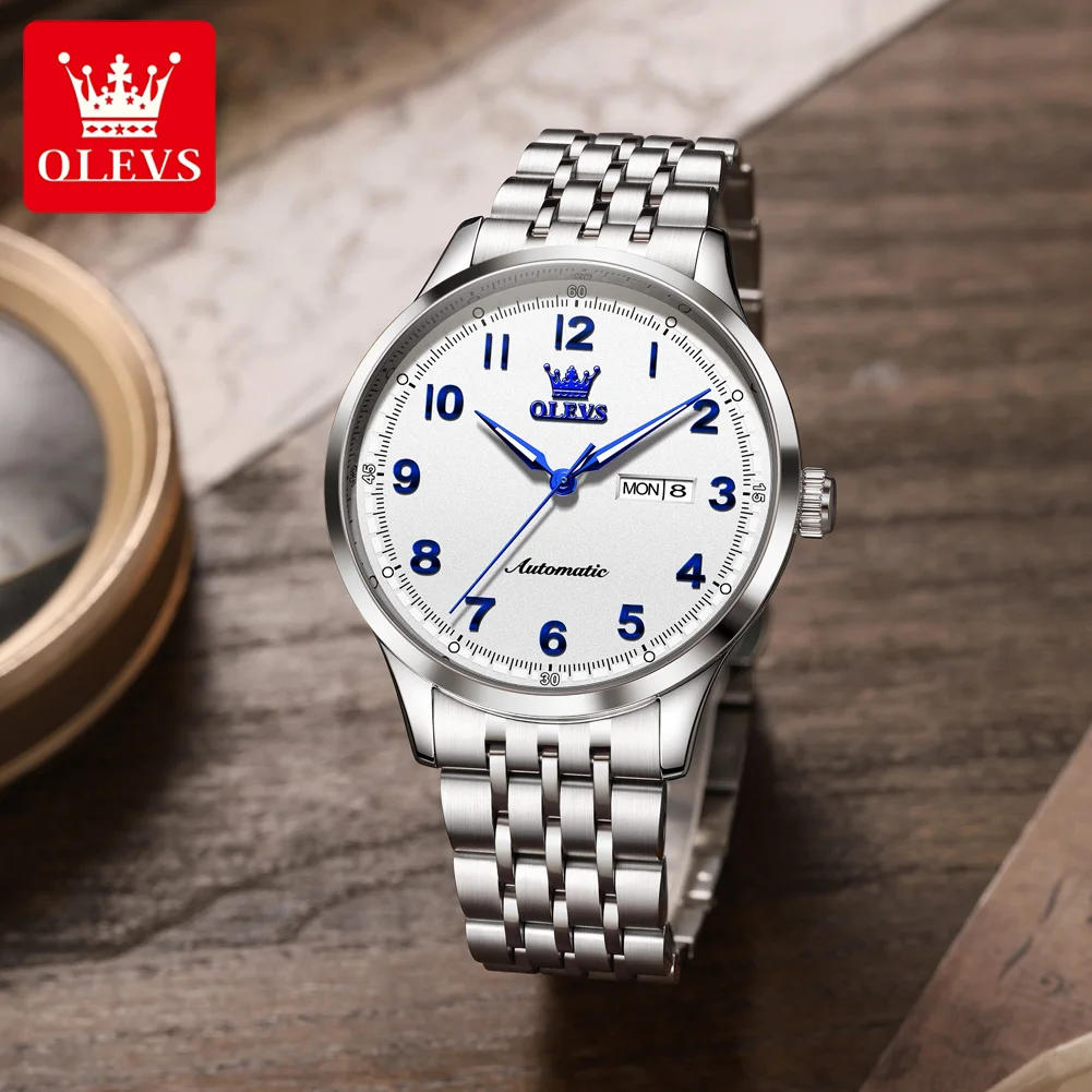 OLEVS 7100 Mechanical Movement Men Watch Large Digital Display Night-light Function 30m Waterproof Calendar Window Watch For Men