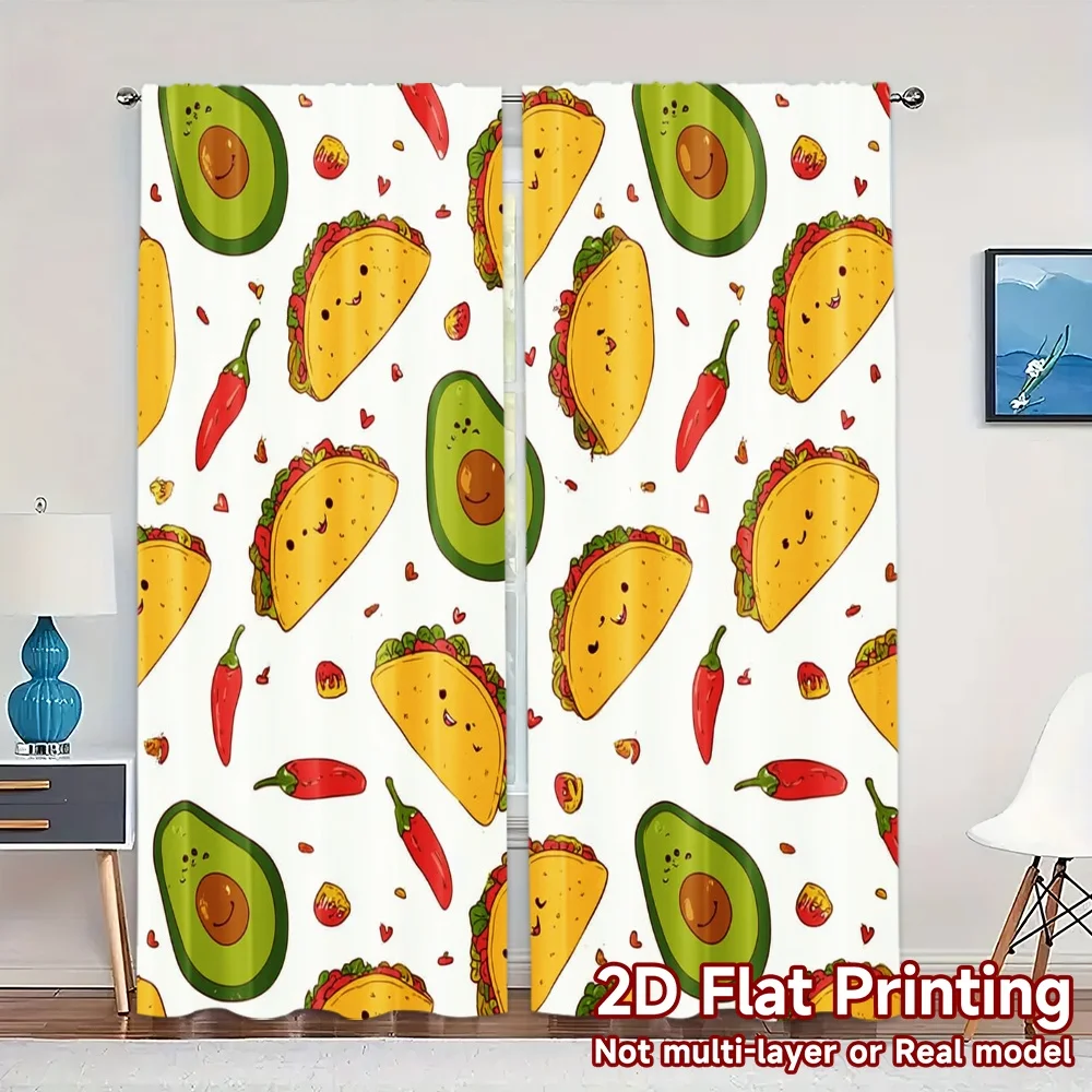 2pcs, 2D FLAT PRINTING Curtains (Without Rod) Taco Fiesta Popular Minimalist Curtains Versatile Polyester Curtains Versatile All