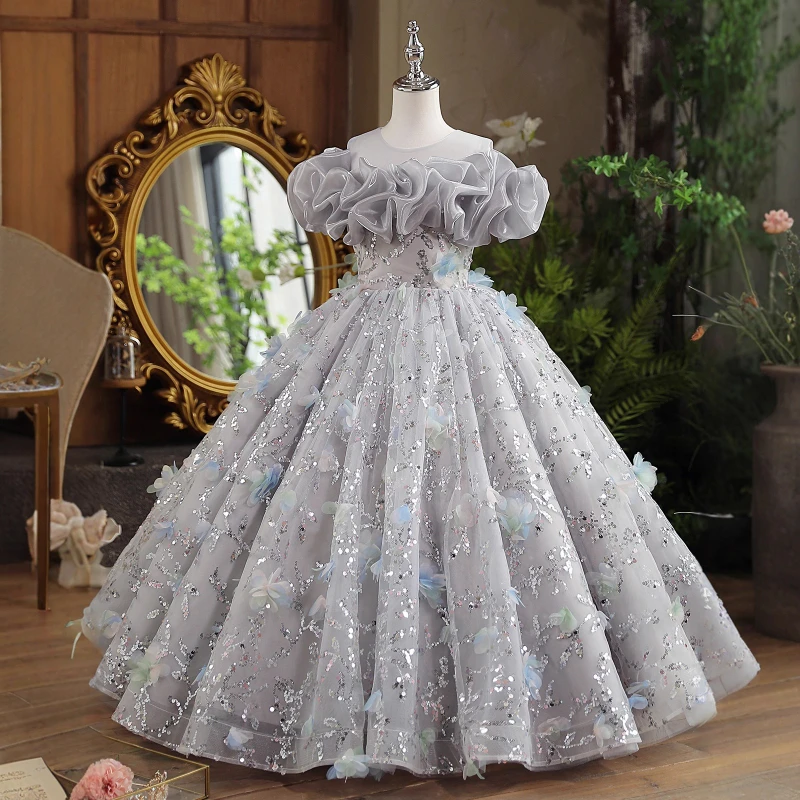 

Платье для выступлений на фортепиано для девочек, костюм, детское платье принцессы с цветочным узором на день рождения для девочек, модный конкурс, торжественная одежда, платья