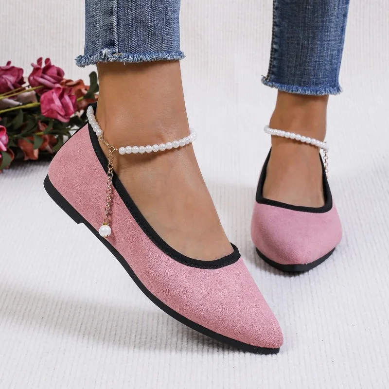 Women's Spring Autumn 2024 New Fashion Slip on  Loafers Shallow Mouth String of Pearls Flats Women Soft Bottom Pointed Toe Shoes