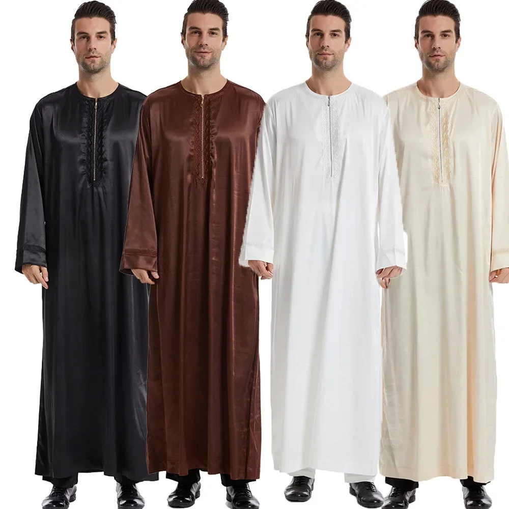 Saudi Arabic Men's Robe Zipper Front Maxi Dress Ramadan Eid Islamic Clothing Muslim Men Abayas Abaya Kaftan Dubai Jubba Thobe