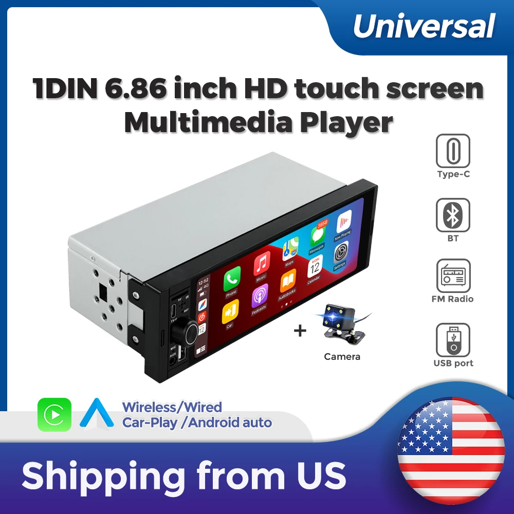 NaviFly 6,86 "pantalla táctil 1 Din reproductor MP5 Radio de coche inalámbrico Carplay Android Auto reproductor Multimedia Universal FM Auto estéreo
