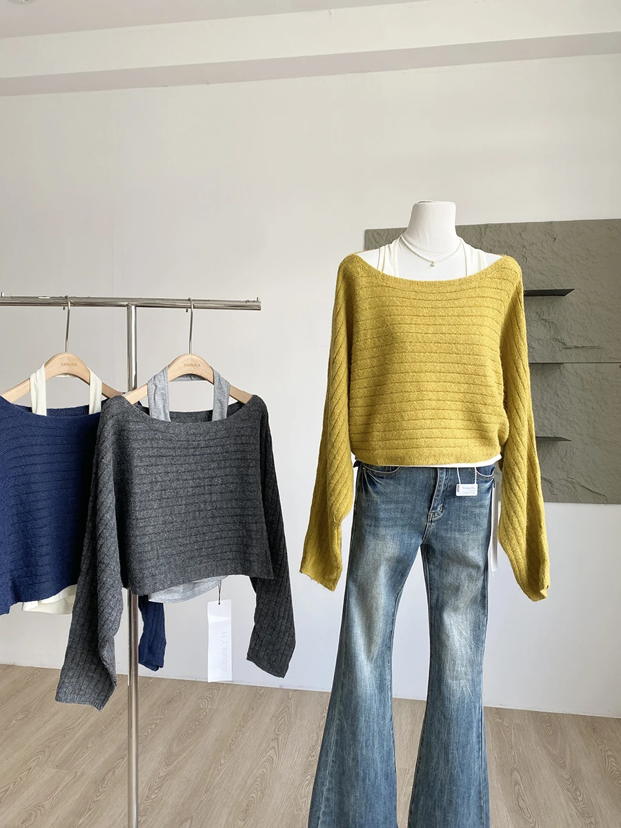 

Slimming Knitwear Loose Fitting Hanging Neck Vest Simple Versatile Korean Style Lazy Fashion Set for Women Autumn Season