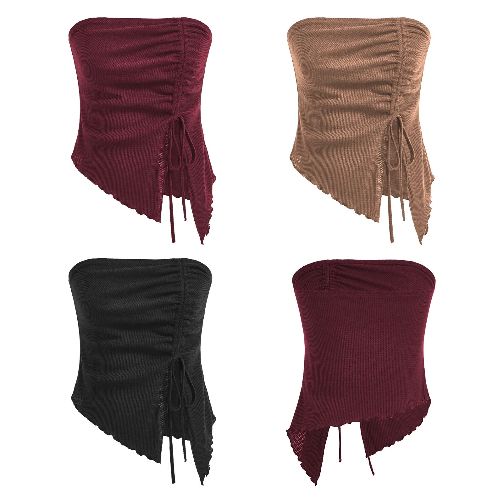 

Sexy Women Asymmetrical Tube Tops Bandeau Bustiers Fashion Blouses Side Split Adjustable Drawstring Waffle Strapless Crop Tops